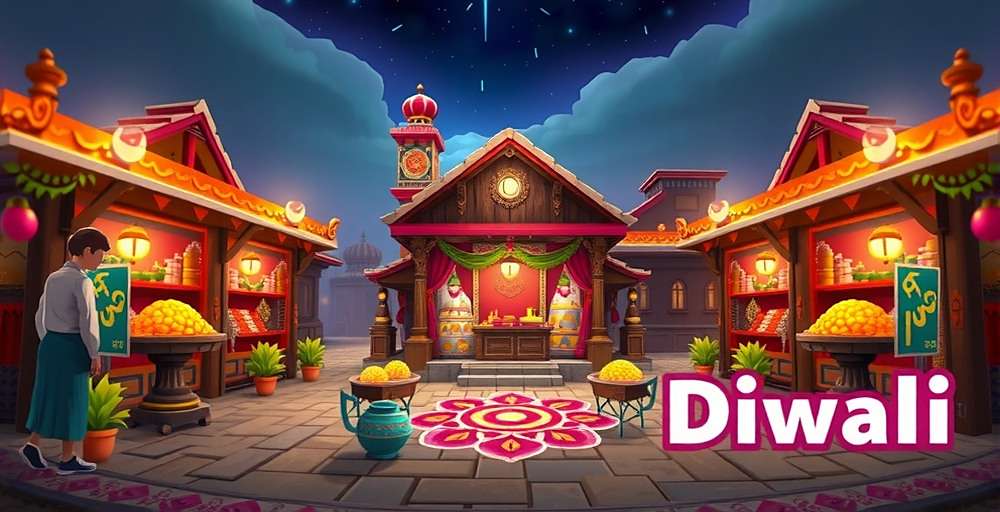 Coriander Conquest Diwali Celebration Event Coriander Conquest Diwali event showing in-game market decorated with lights and rangoli