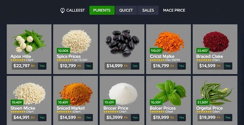 Coriander Conquest Trading Interface Coriander Conquest trading interface showing various spices with their current market prices